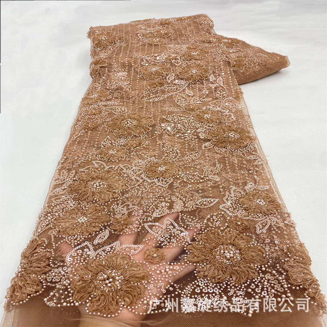 Nuevo bordado de flores pesadas + bordado de perlas de arroz + bordado de sequillas tela de bordado ligera de lujo color diamante vestido de boda vestido de moda