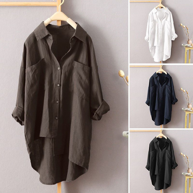 2024 Spring and Autumn Foreign Trade Casual Style Solid Color Shirt with Double Pocket Long Sleeve Large Size Irregular Hem Top