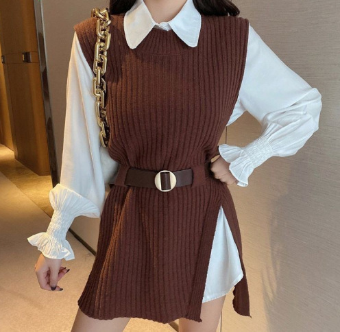 秋冬のゆったりとした長袖白いポロカラートップス、スリット入りベストセーター、軽くて豪華なレディーススーツ、女性用ニットセーター|undefined