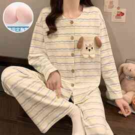 批发春秋季新款睡衣女款仿棉长袖带胸垫开衫甜美可爱风家居服套装
