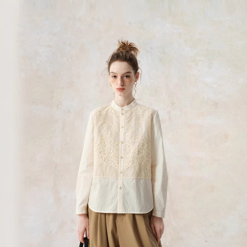 2025 Embroidered New Chinese Style Shirt Women's Design Sense 2025 Early Spring New Style Chinese Style Shirt Pure Cotton Long Sleeve Top