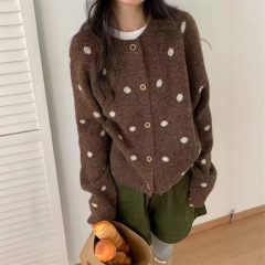 韩版圆领波点针织开衫女2025秋冬新款宽松慵懒风百搭软糯毛衣外套