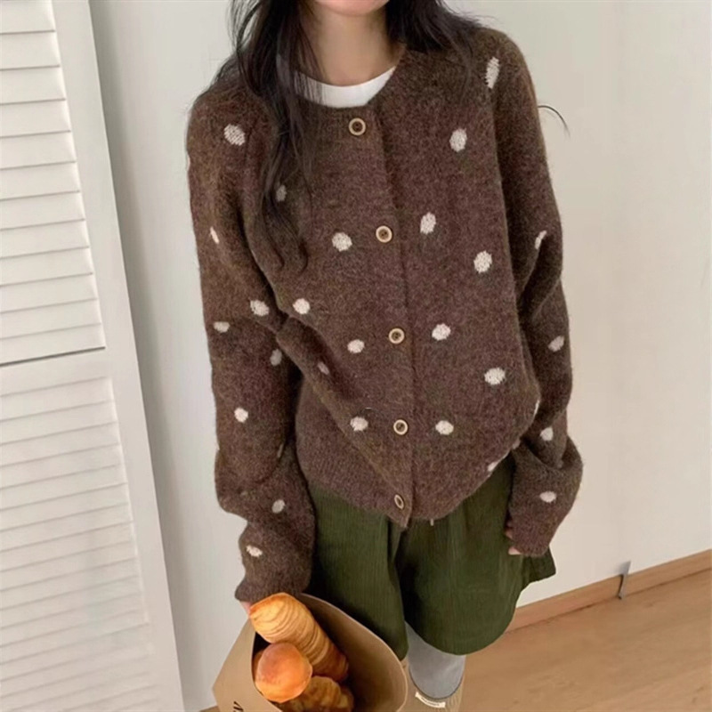 Korean Style Round Neck Polka Dot Knitted Cardigan for Women 2025 Autumn and Winter New Loose Lazy Style Versatile Soft Waxy Sweater Jacket Korean Style Round Neck Polka Dot Knitted Cardigan for Women 2025 Autumn and Winter New Loose Lazy Style Versatile Soft Waxy Sweater Jacket