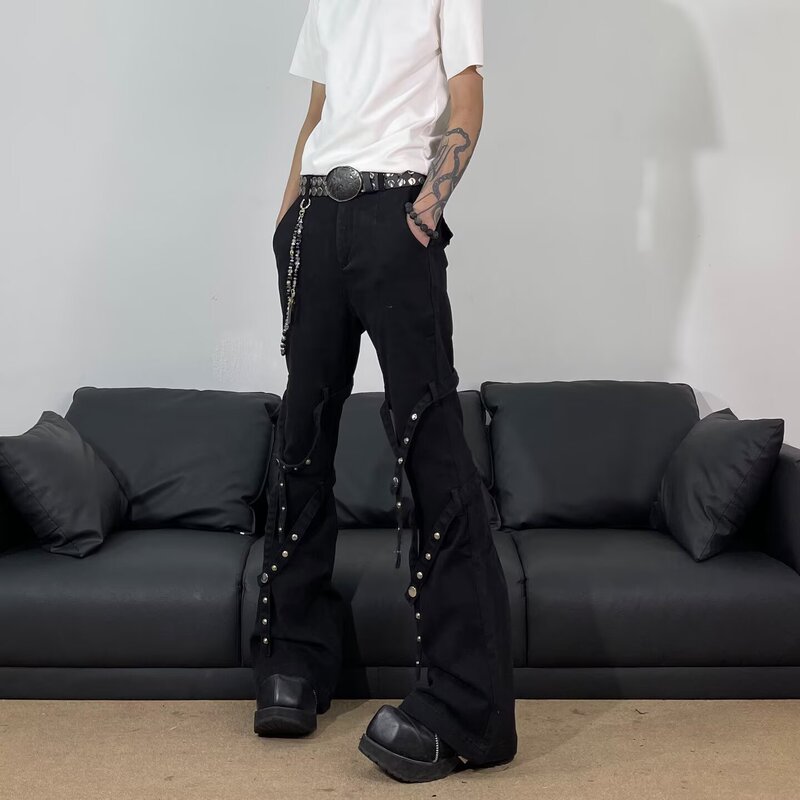 Slim-Fit Low-Rise Street Fashion Cargo Jeans with Patchwork Pockets, Metallic Ribbon Design, and Leg Ring Flared Pants