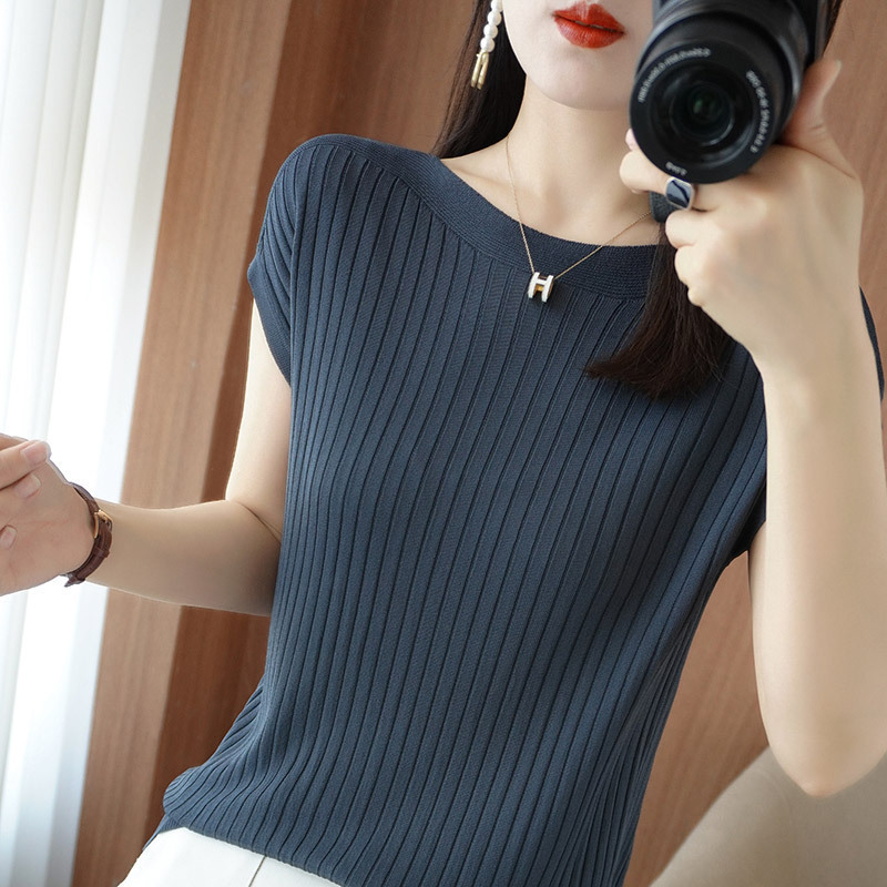 Curved Bead Ice Silk Knitwear for Women 2025 Summer New One-Shoulder Loose Slimming Look Short-Sleeved T-Shirt Foreign Style Women's Shirt Curved Bead Ice Silk Knitwear for Women 2025 Summer New One-Shoulder Loose Slimming Look Short-Sleeved T-Shirt Foreign Style Women's Shirt