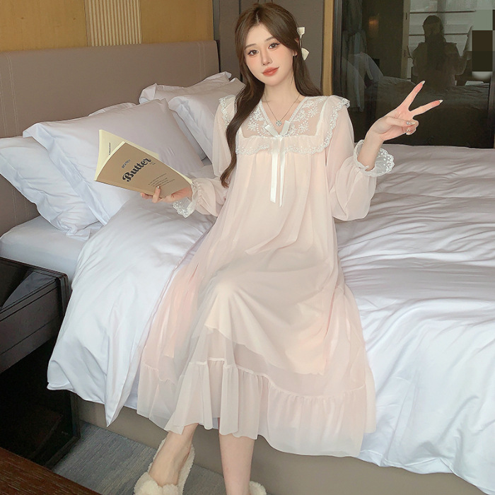 Ropa de casa de otoño con cojín de pecho de malla de cuello V princesa pijama fresco vestido de estudiante pijama de mangas largas dulce