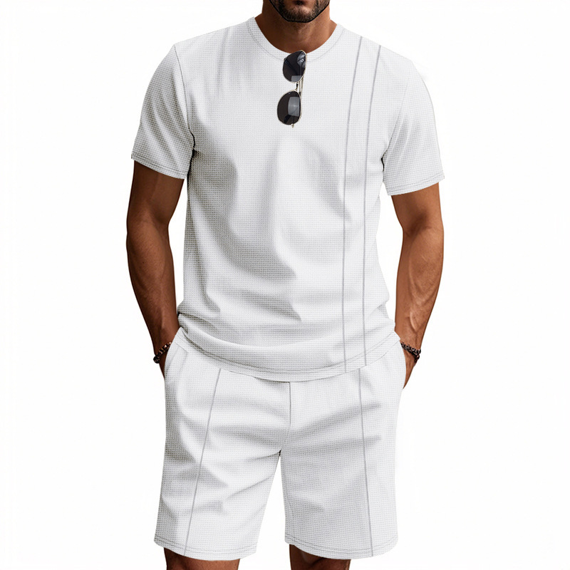 Men's Clothing Summer Men's Loose Waffle Two Piece Suit Round Neck Short Sleeved Shorts Set Simple Style For Formal & Casual_viptrois.com