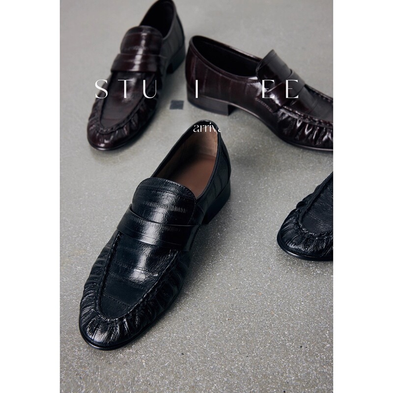 In Stock~Handmade Eel Skin~Genuine Leather Retro Pleated Loafers for Women, Versatile Thick-Soled British Style Small Leather Shoes