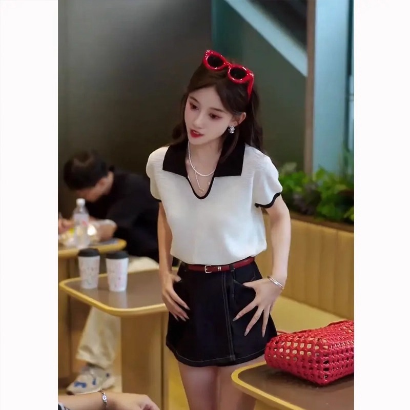 2025 夏服韓国風コントラストカラーポロカラー半袖 Tシャツレディース万能ハイウエストデニムキュロットツーピーススーツ|undefined