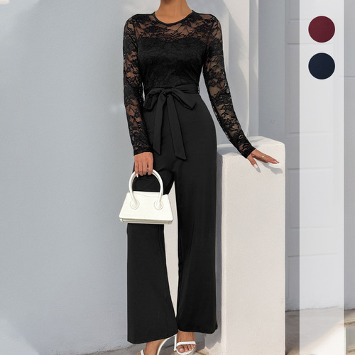 Amazon 2025 New European and American-Style Lace-Mesh Patchwork Zip-Up & Tie-Front Solid-Color Loose Jumpsuit