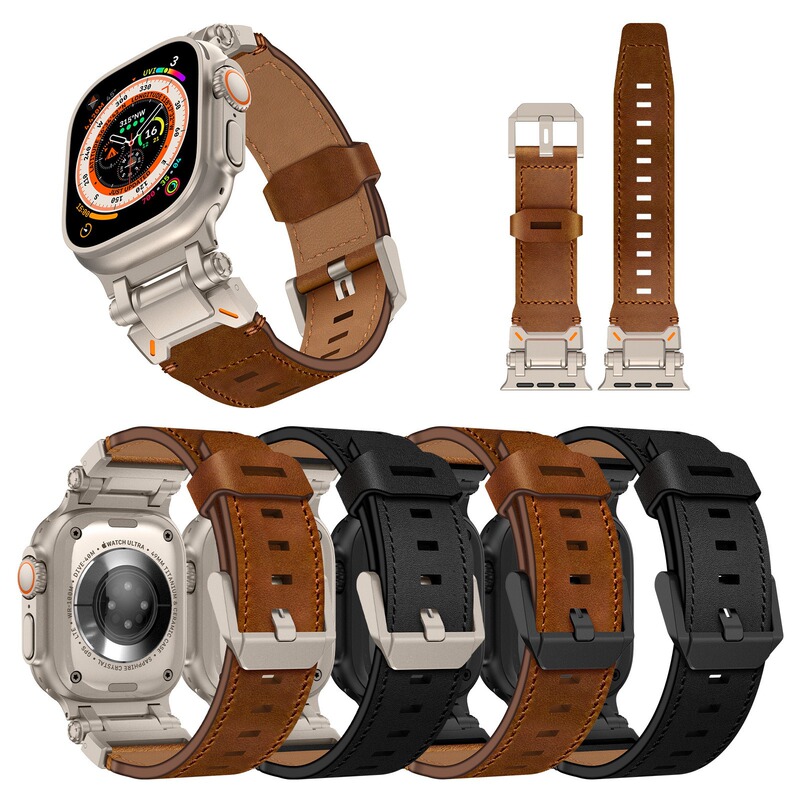 Suitable for Apple iWatch Ultra 44-49mm Watch Strap with First-Layer Genuine Leather and Metal Connector Strap