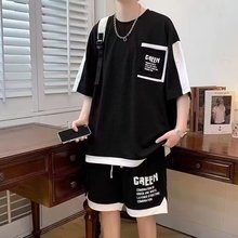夏季青少年短袖运动套装男两件套加肥加大码学生休闲潮牌帅气一套