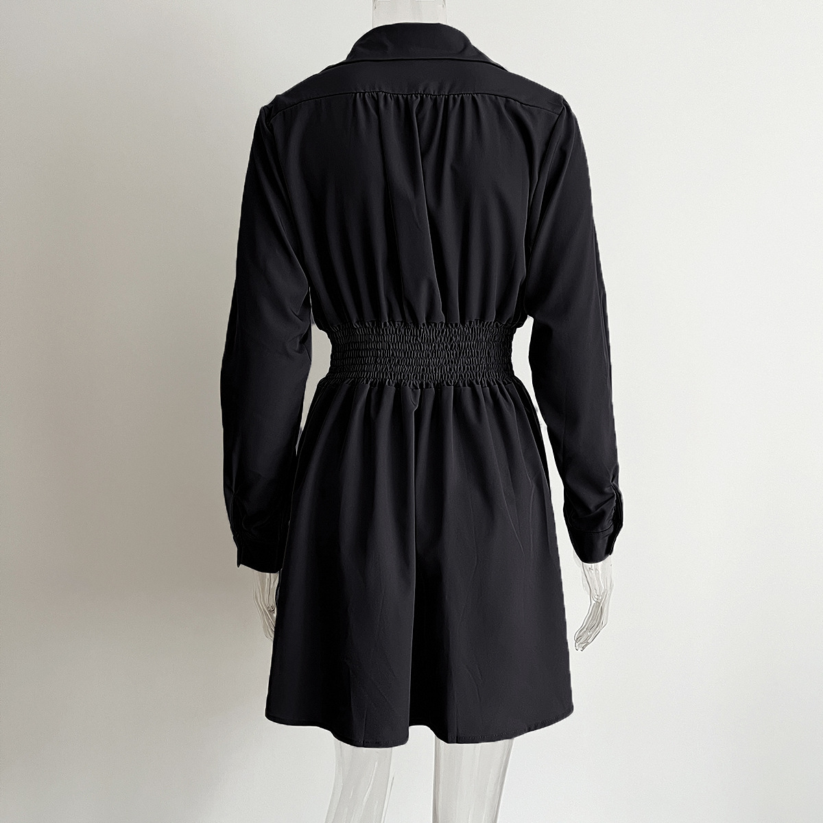 Blouse Collar Dress Women Smocking Waist Controlled Long Sleeves Spring Autumn Women Clothing