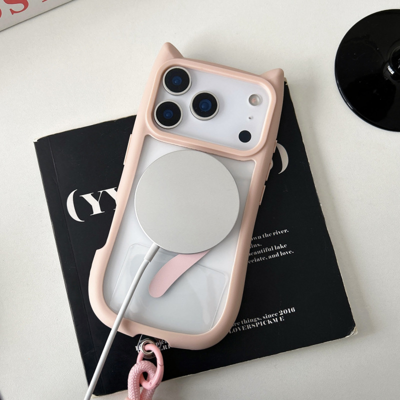 适用iPhone17PROMAX手机壳ins立体猫耳朵磁吸苹果16带挂绳透明硬|undefined