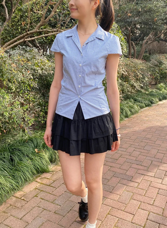 BM Style Blue Plaid Lapel Short-sleeved Shirt Top Women's Bm American Style Hot Girl Style Slim-fit Slim-fit Cardigan Shirt