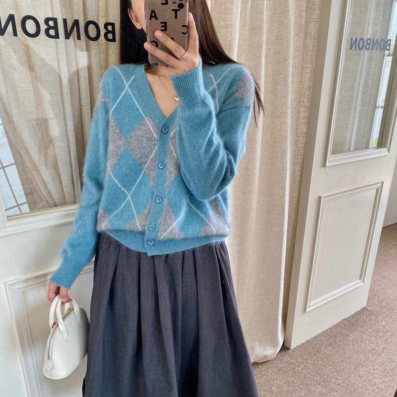 100纯羊毛衫女式V字领针织开衫拉毛工艺菱形格提花长袖毛衣外套潮|undefined