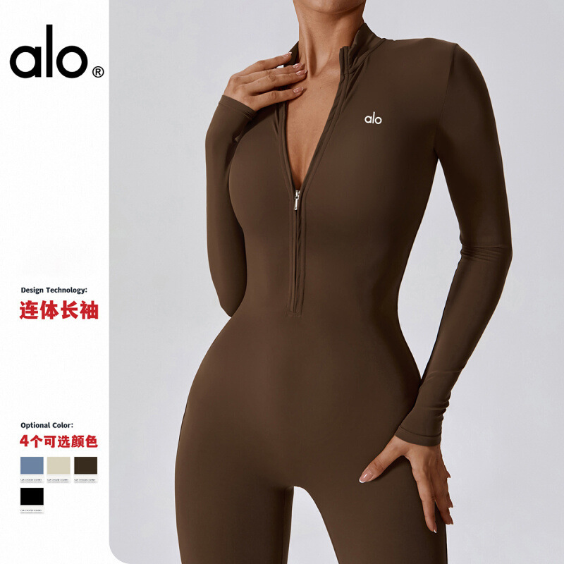 European and American Alo Yoga Wear Pilates One-Piece Seamless Bodysuit Women's Long-Sleeved Fitness Workout Women's Sportswear