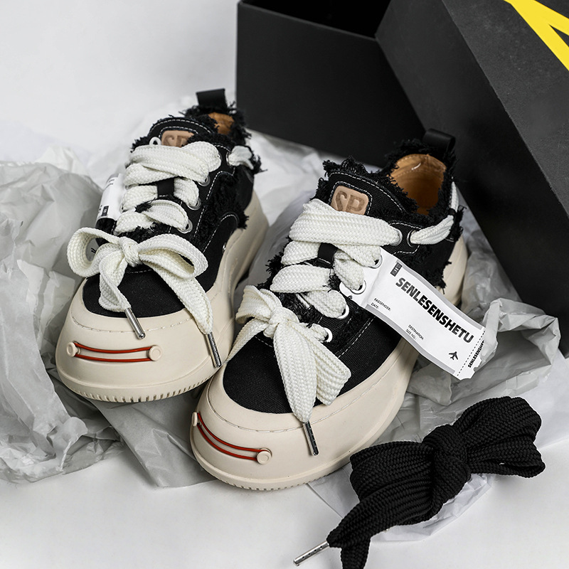 2022新款情侶檀健次同款開口笑男女百搭厚底透氣帆布休閒潮鞋