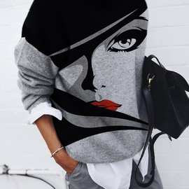 9260#欧美跨境亚马逊wish外贸女装时尚磨毛人像印花宽松长袖上衣