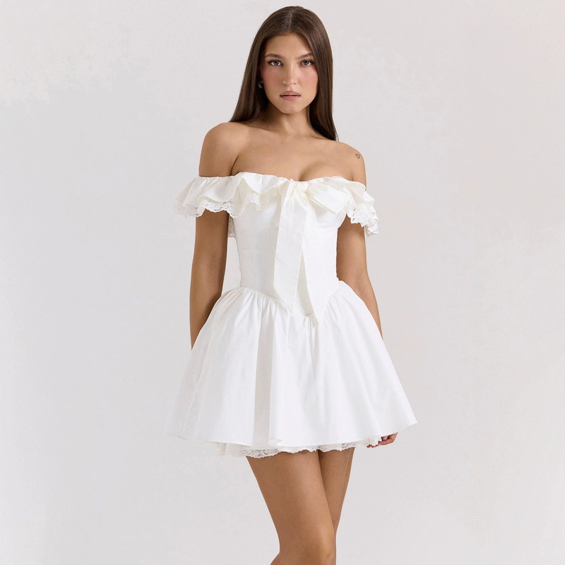 French Style Elegant Pure Desire Style Shoulder Flying Sleeve Lace Bow Tight Waist Puffy Princess Dress Women's dress