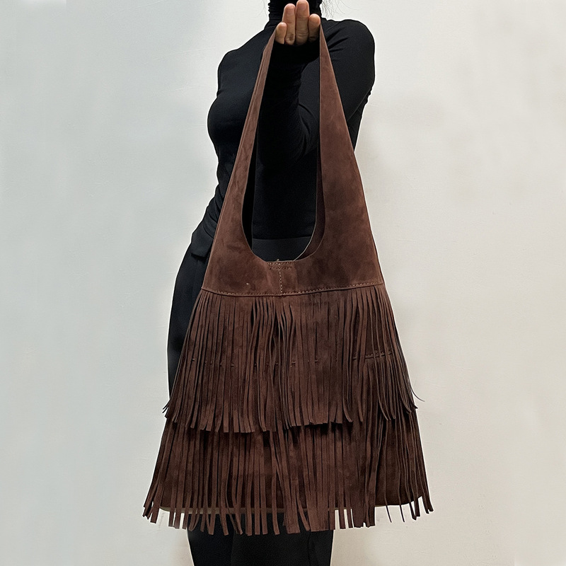 brown Suede Bag 2024 Autumn New Bohemian Vintage All-match Tassel Bag Tote Bag Shoulder Bag