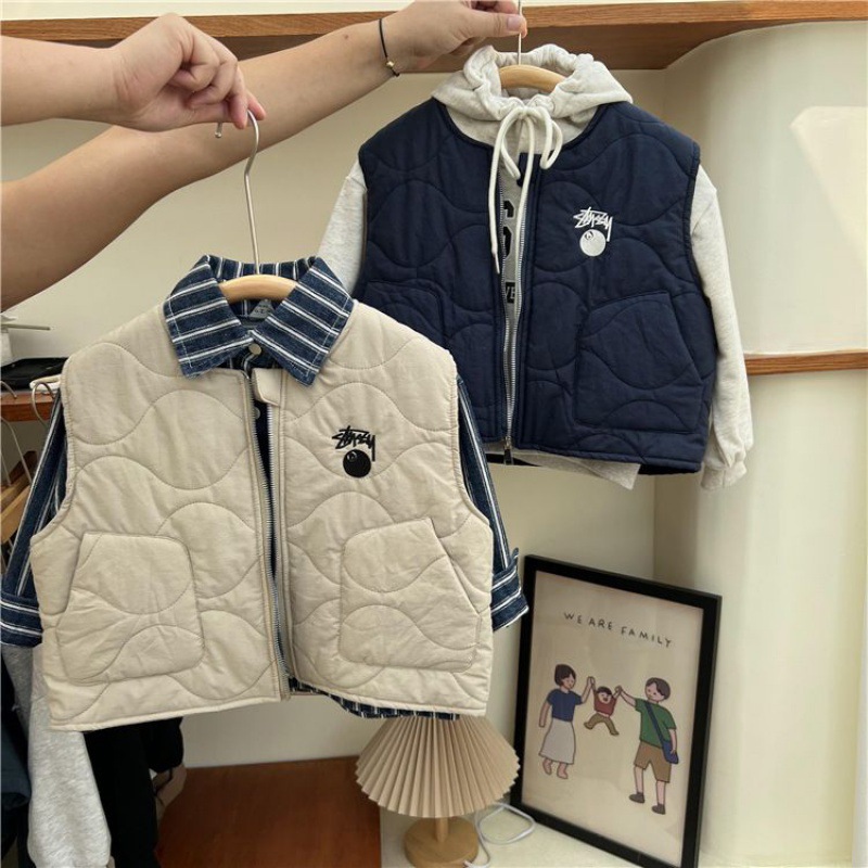 Korean style children's clothing 2022 late autumn style children's cotton vest boys and girls workwear style thin cotton vest warm vest trendy