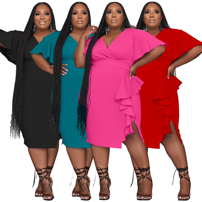 266g Weight Midi Dress Dress Length Type Short Sleeve Sleeve Length Wholesale Sexy Solid Color Street V Neck Short Sleeve Slit Dress