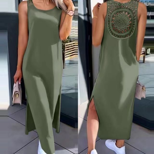 Women's Clothing Summer Solid Color Women's Dress Style Back Hollowed Out Lace Sleeveless Slit Design For Casual Occasions_ecoleips.com
