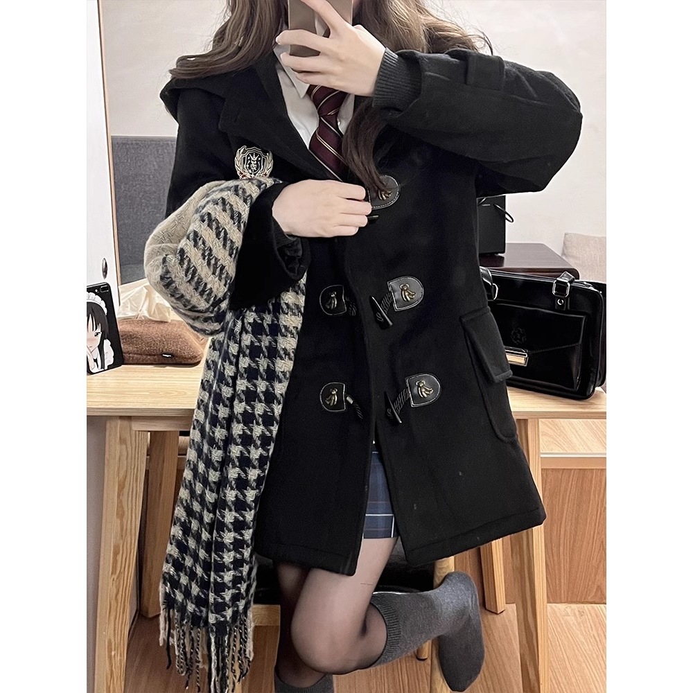 学院风日系牛角扣毛呢大衣女冬季小个子中长款外套加厚黑色jk制服