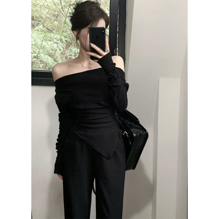 【260 Modal 1*1】One-Shoulder Long-Sleeved T-Shirt for Women in Spring and Summer, Pure Desire Style, Off-Shoulder, Asymmetrical, Slim Fit 【260 Modal 1*1】One-Shoulder Long-Sleeved T-Shirt for Women in Spring and Summer, Pure Desire Style, Off-Shoulder, Asymmetrical, Slim Fit