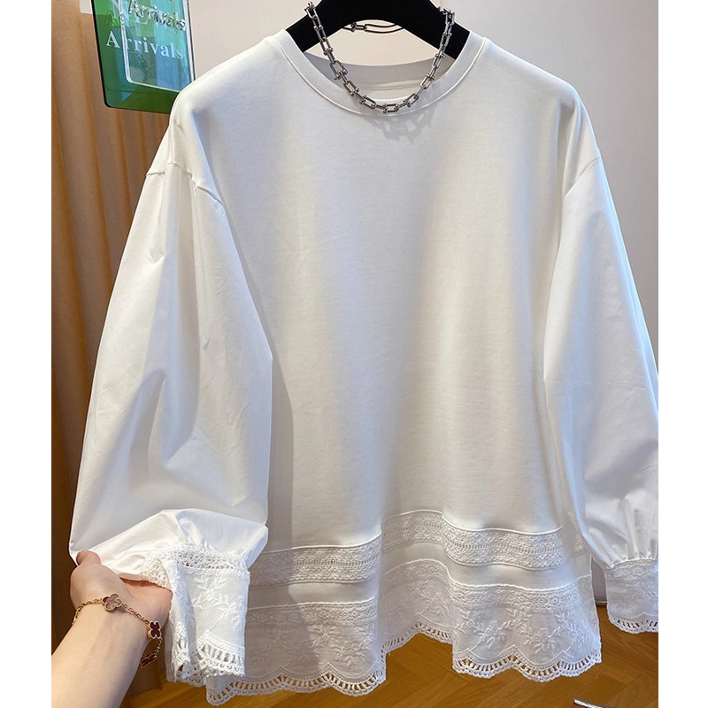 Outlet~High-End White Lace Long-Sleeved T-Shirt for Women Early Autumn Loose and Versatile Bottoming Shirt Top