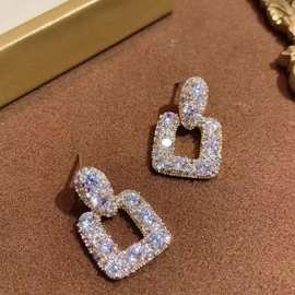 925银针抖音同款简约微镶锆石方形耳环轻奢气质高质量耳环饰品批