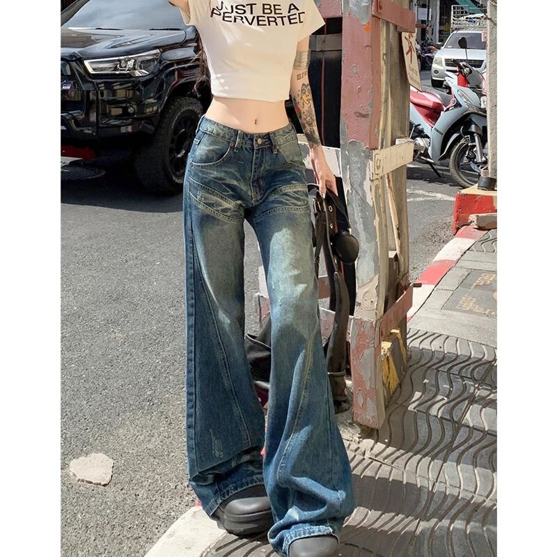 Petite American Retro Low-Waist Wide-Leg Flared Jeans for Women, Summer Style, Slimming, Non-Stick Straight Pants Petite American Retro Low-Waist Wide-Leg Flared Jeans for Women, Summer Style, Slimming, Non-Stick Straight Pants
