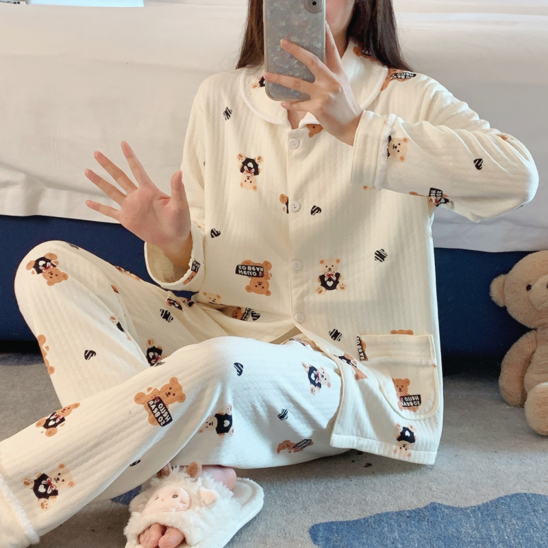 Pijamas de oso japonés Otoño e Invierno de las mujeres más grasa MM algodón sándwich manga larga 2023 Nuevo aire algodón desgaste del hogar