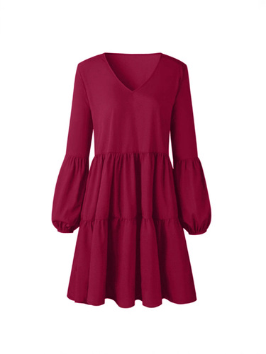 Amazon Independent Store 2025 Western and Eastern Cross-Border Autumn/Winter V-Neck Solid Color Striped Lantern Round Neck Medium Length Princess Dress