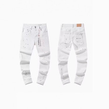 美式高街潮牌PUR新款白色泼墨涂鸦膝盖破洞牛仔裤男弹力修身小脚