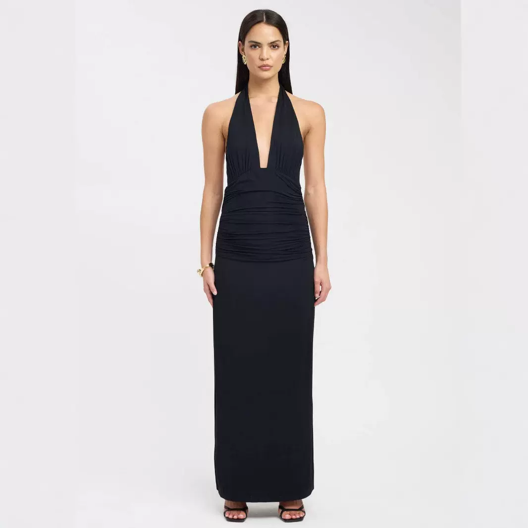 2025夏季新款欧美跨境性感挂脖深V系带露背修身开叉纯色连衣长裙