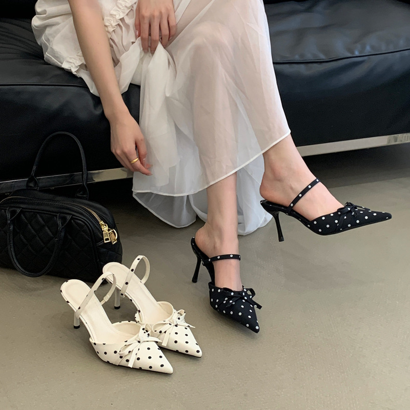 Fresh and Simple Polka Dot Bow Pointed Toe Single Strap High Heel Sandals for Women, 2026 Summer New Style, Thin Heel, Dual-Wear Mules