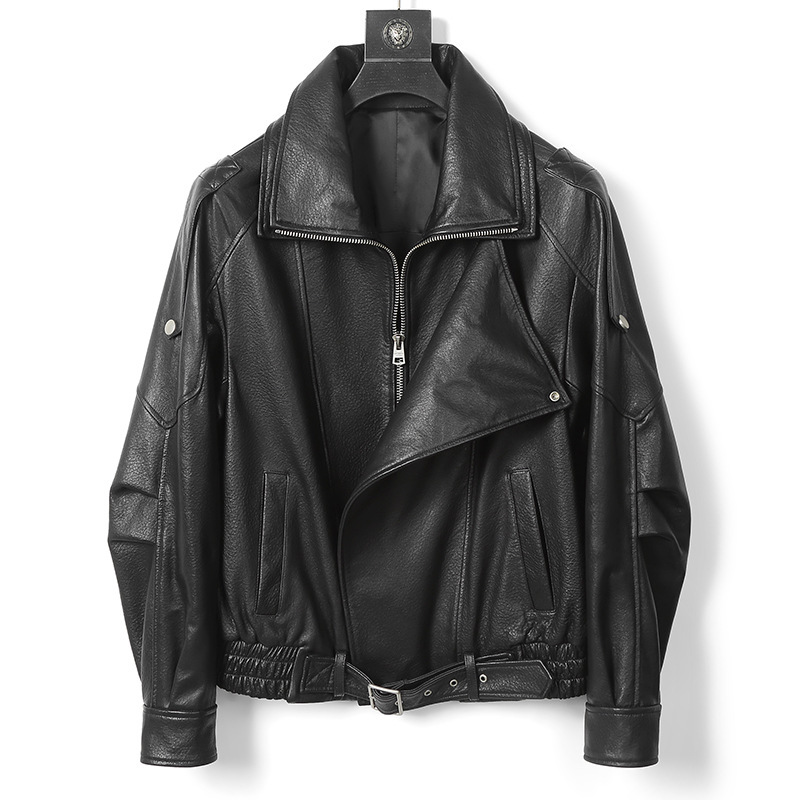 Genuine Leather Jacket for Women, Bubble Leather, Double-Layer Collar, Oversized Silhouette, Loose Fit, Couple Style, Cool and Stylish Biker Leather Jacket Genuine Leather Jacket for Women, Bubble Leather, Double-Layer Collar, Oversized Silhouette, Loose Fit, Couple Style, Cool and Stylish Biker Leather Jacket
