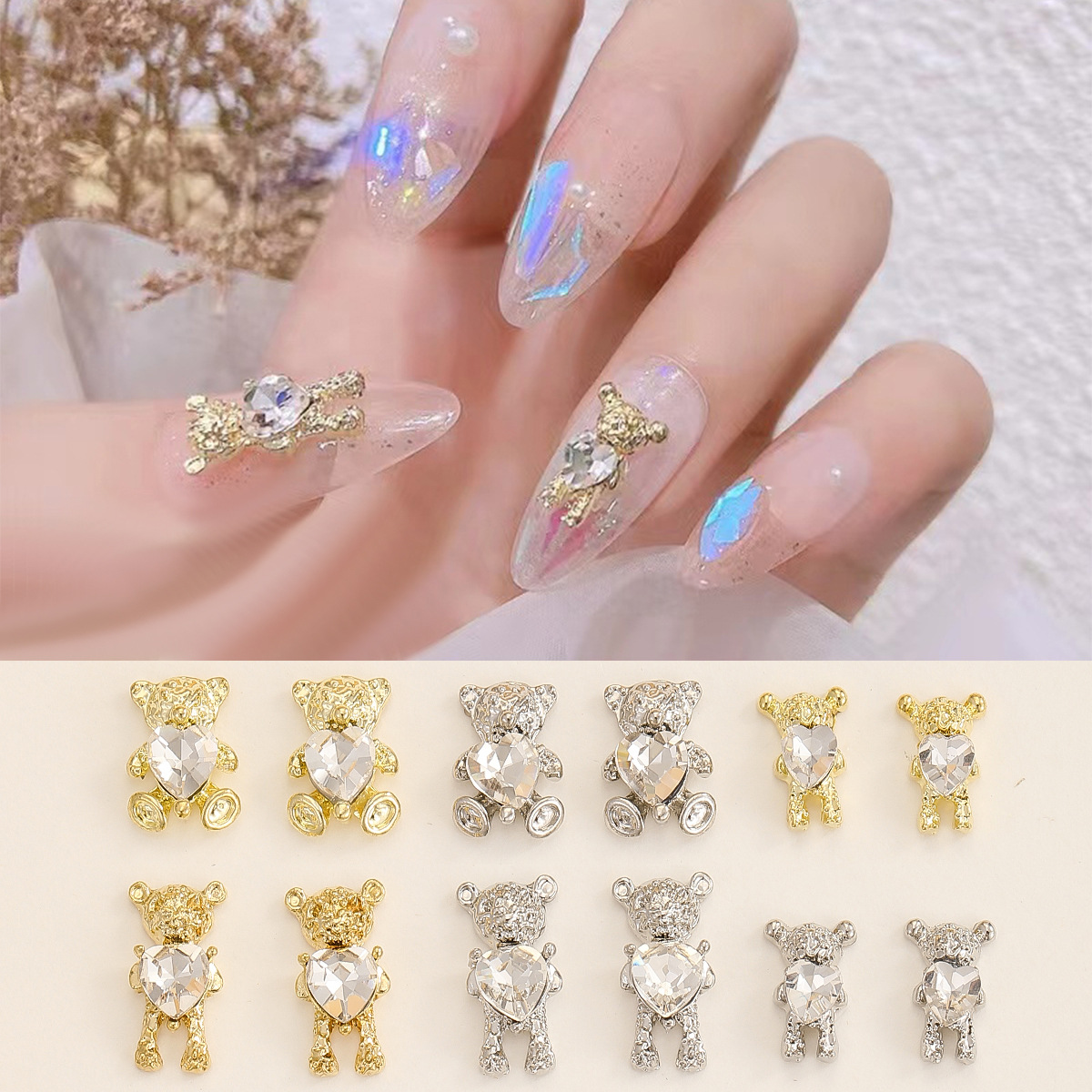 국경 새로운 네일 쥬얼리 곰 사랑 하트 곰 합금 네일 다이아몬드 장식 도매