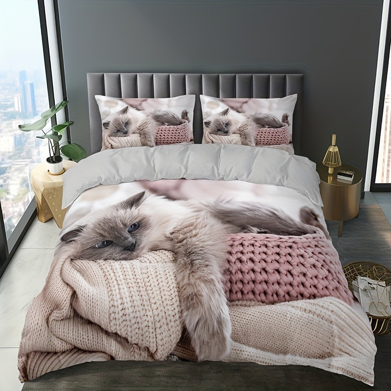 Tren transfronterizo Temu venta caliente gato cama de impresión digital traje de tres piezas funda de almohada universal de cuatro estaciones funda de edredón