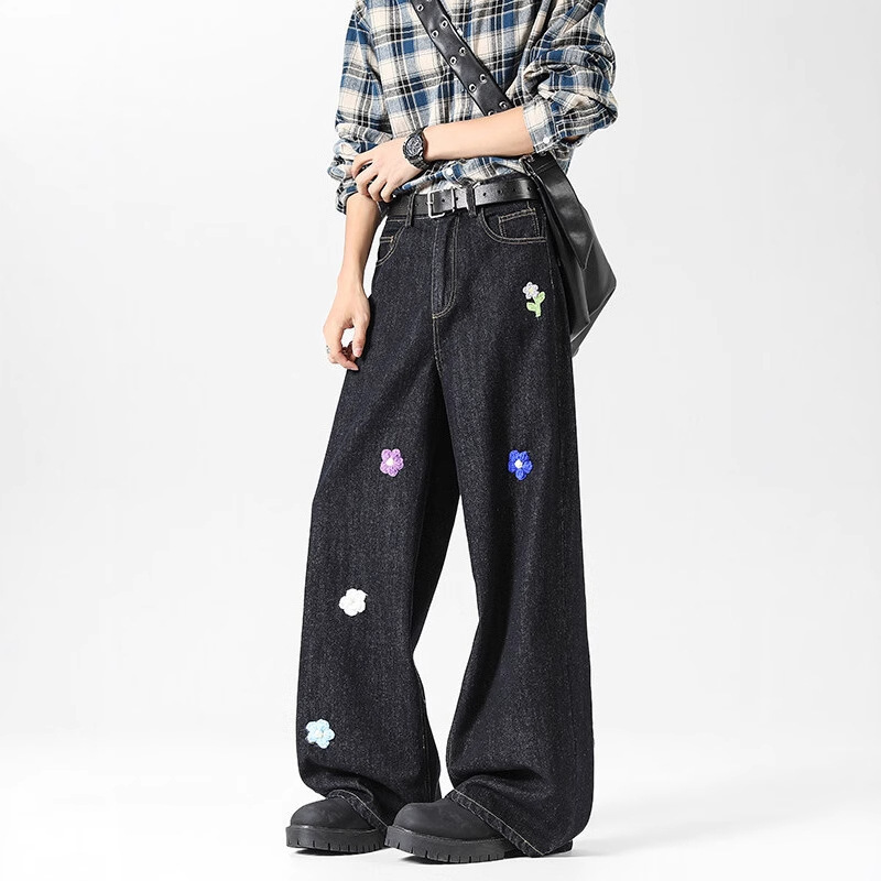小花刺繍ジーンズメンズ 2025 夏新アメリカンレトロトレンディブランドルーズストレートワイドレッグカジュアルパンツ|undefined