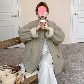 2024韩系羊羔毛慵懒风工装外套女秋冬新款大衣派克服加绒宽松加厚