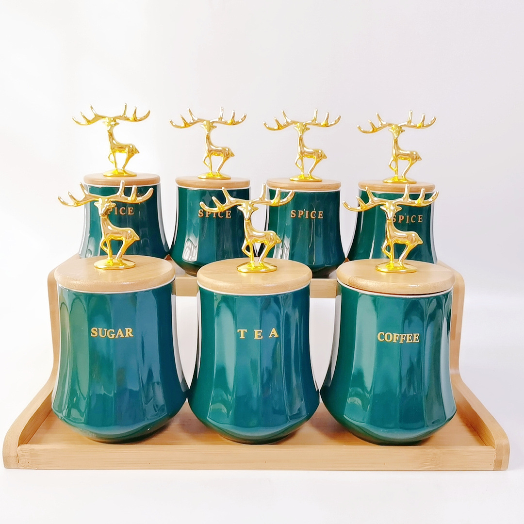 Exportación transfronteriza de latas cerámicas selladas, latas de té, latas de café, latas de almacenamiento de cocina, marcos de madera de doble capa, latas de condimento irregulares