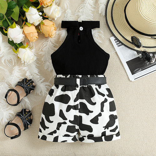 New style children's clothing for export trade, summer clothes for girls, ins, summer set for girls, strapless shirt with stripes, shorts, waist bag, 2-piece set 