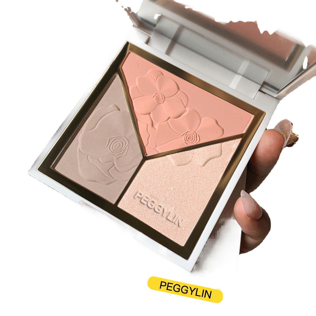 PEGGYLIN Placa de reparación de tres colores resaltar sombra rubor no fácil de quitar maquillaje Perla resaltar sombra suave maquillaje en polvo