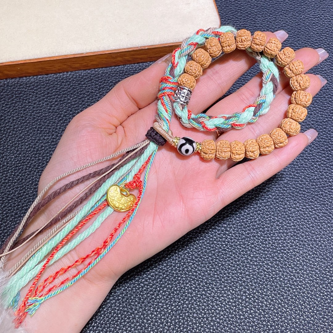 新款 设计金刚菩提双圈藏式手绳 搭配小锁玛瑙天珠手工棉绳编织
