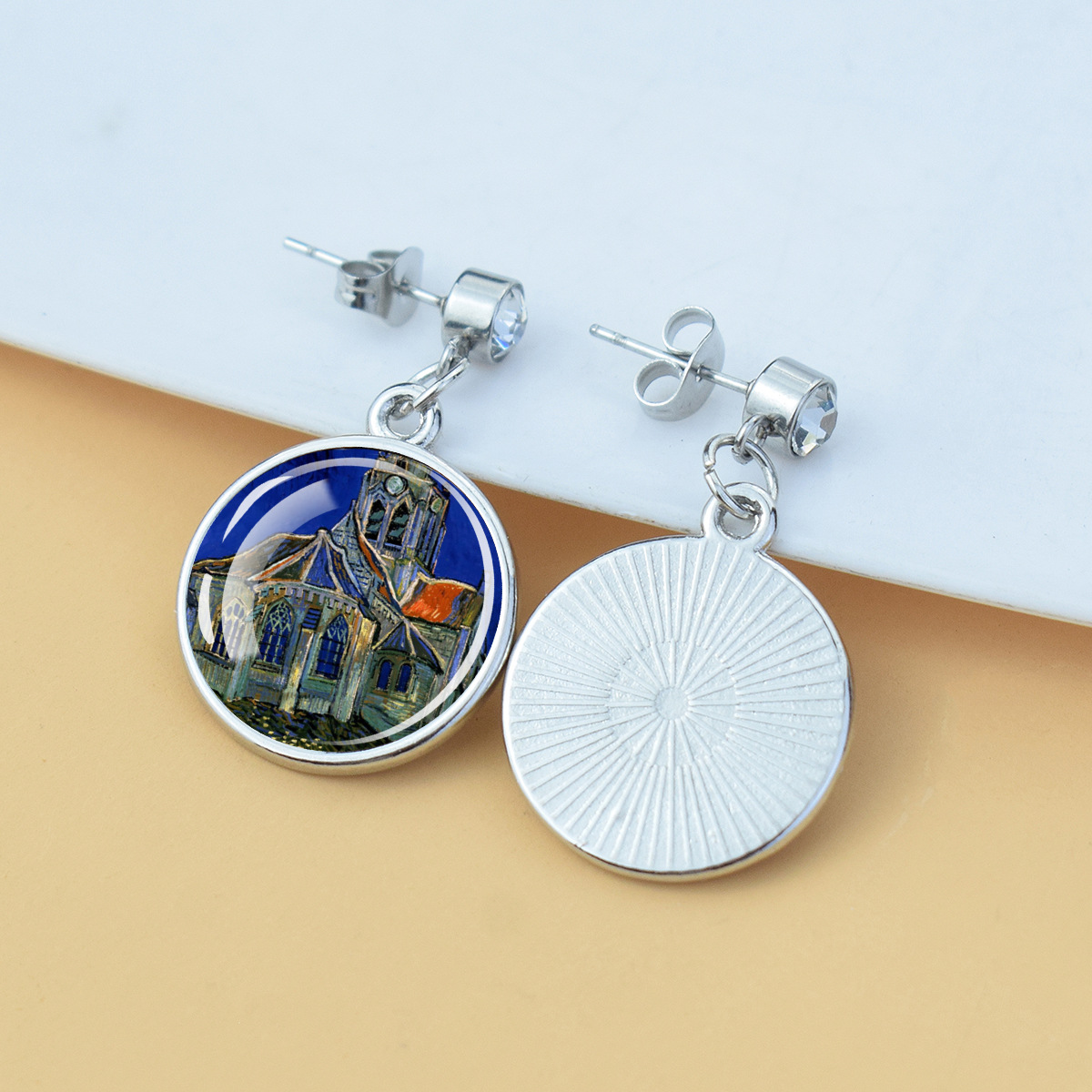 Pendientes de diamantes brillantes de flores Iris de girasol Van Gogh Art Starry Sky Pintura al óleo Pendientes de estilo europeo y americano medieval