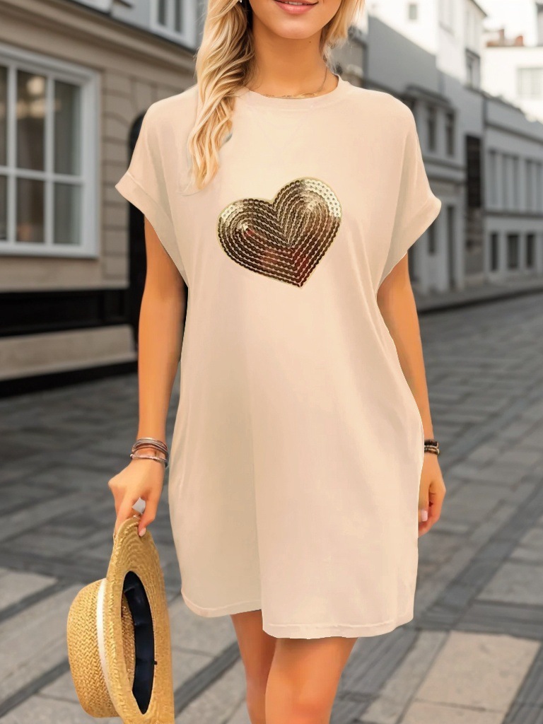 Women Clothing out Heart-Shaped Sequin Embroidery round Neck Casual Short Sleeve Drop Shoulder Sleeve Loose Dress 5 Women Clothing out Heart-Shaped Sequin Embroidery round Neck Casual Short Sleeve Drop Shoulder Sleeve Loose Dress