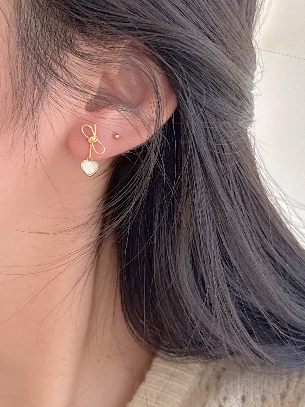Shell Inlay Material 1 Pair 18K Gold Plated 925 Sterling Silver Shell 925 Sterling Silver Earrings Heart Shape Bow Knot Drop Earrings